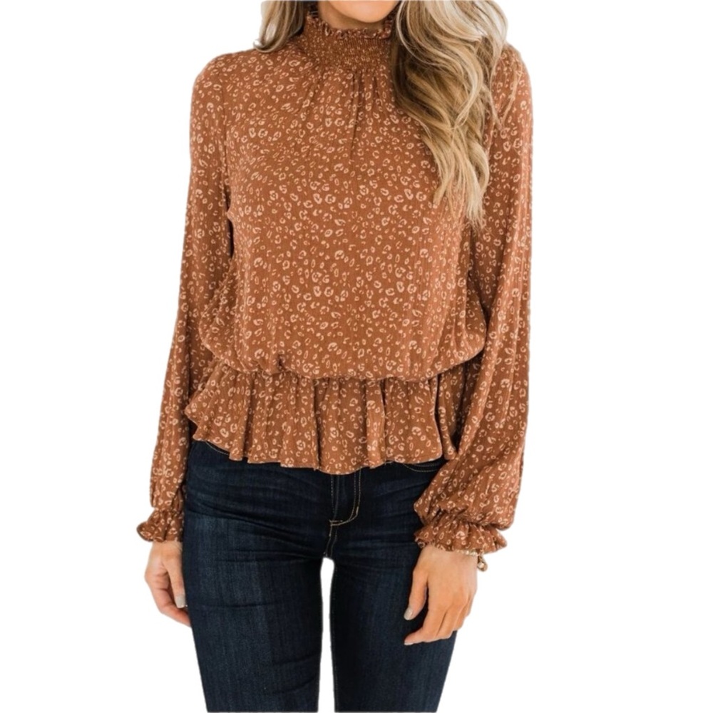NWT Brown Leopard Print Cinched Waist Blouse – Long Sleeve Top XL
